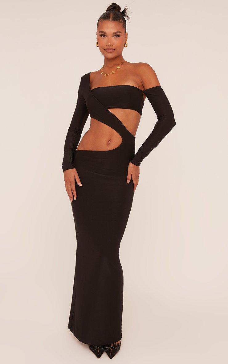 Long Sleeve Asymmetric Shoulder Cut Out Maxi Dress In Black