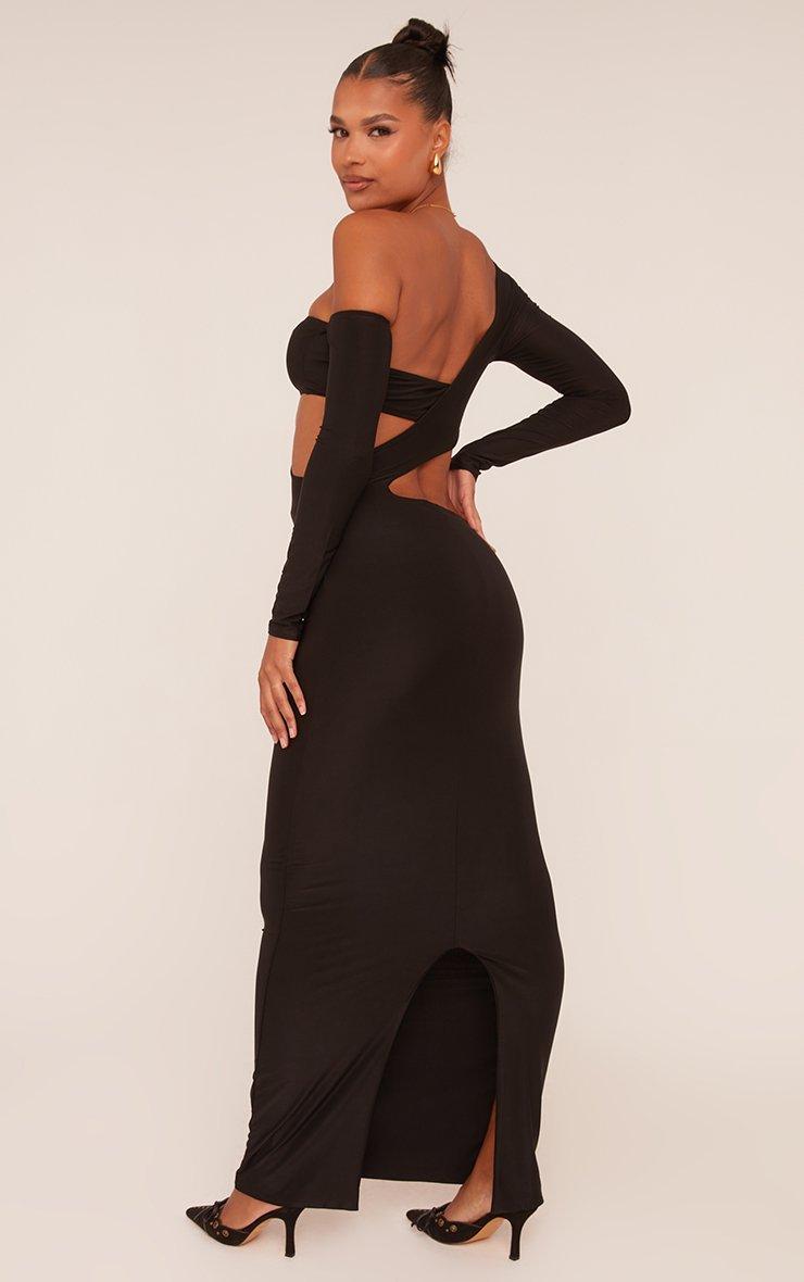 black asymmetric sleeve cut out split leg maxi dress Emily Black Asymmetric Split Maxi Dress With Mesh Detailing – Club L London