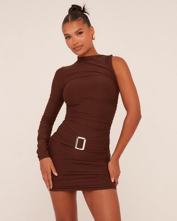One Shoulder High Neck Belt Detail Mini Bodycon Dress In One Shoulder High Neck Belt Detail Mini Bodycon Dress In
