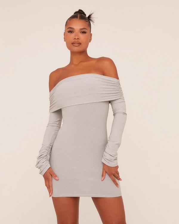 Fold Over Bardot Ruched Sleeve Detail Mini Bodycon Dress In Grey