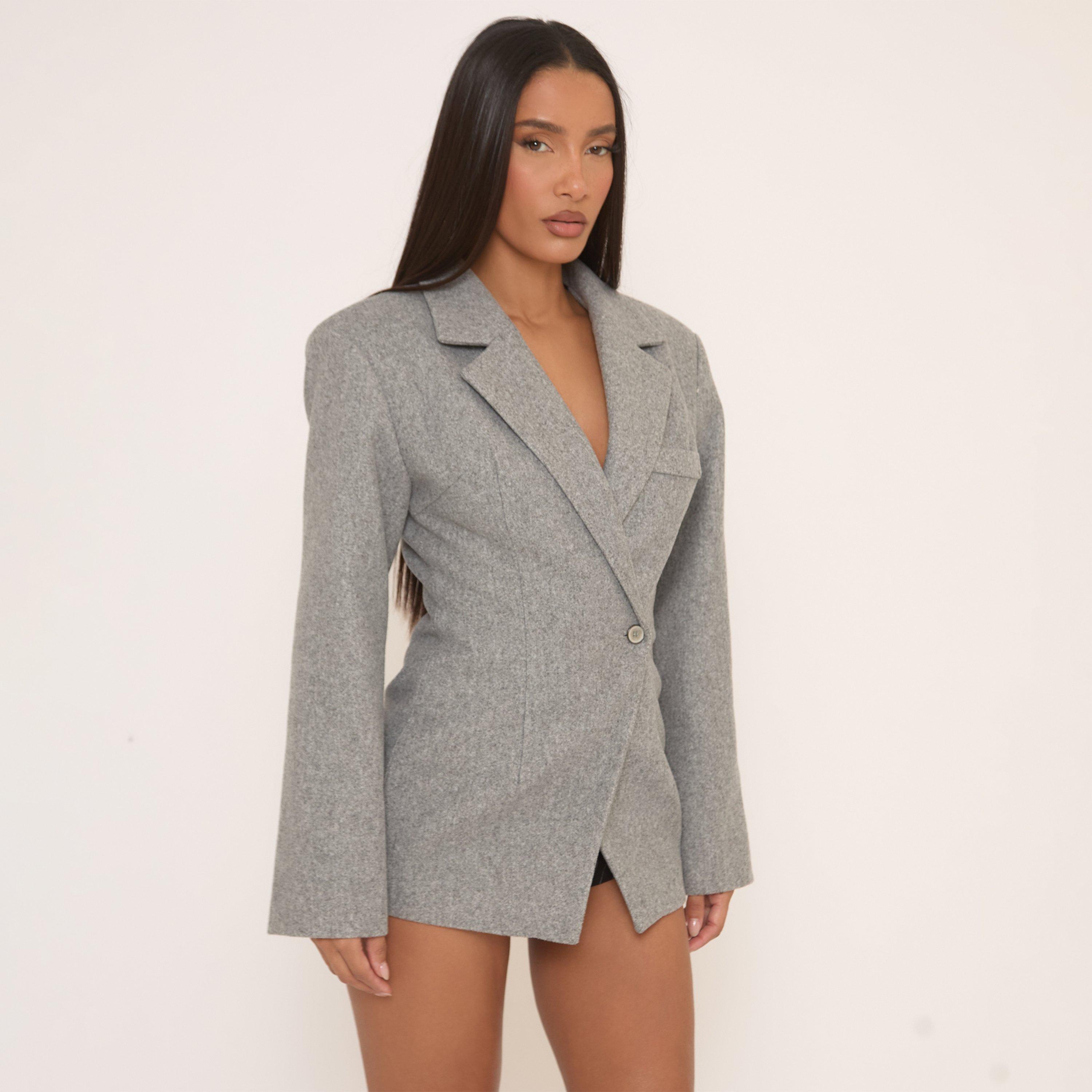 Long Sleeve Cinched Waist Wool Look Blazer In Grey, Women's Size UK 12