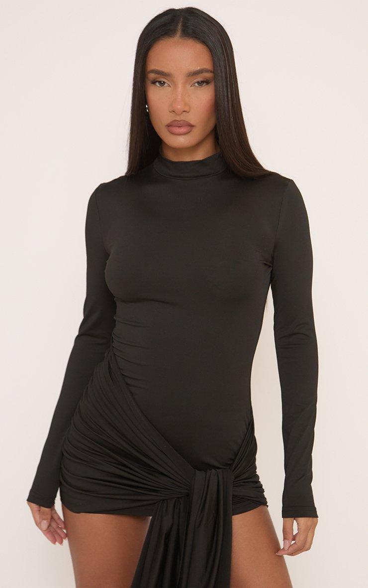 Long Sleeve High Neck Draped Mini Dress In Black Slinky | EGO US | EGO