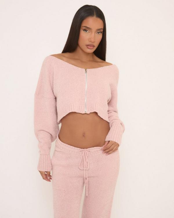 Long Sleeve Zip Up Off The Shoulder Cropped Jacket In Pink Fluffy Knit