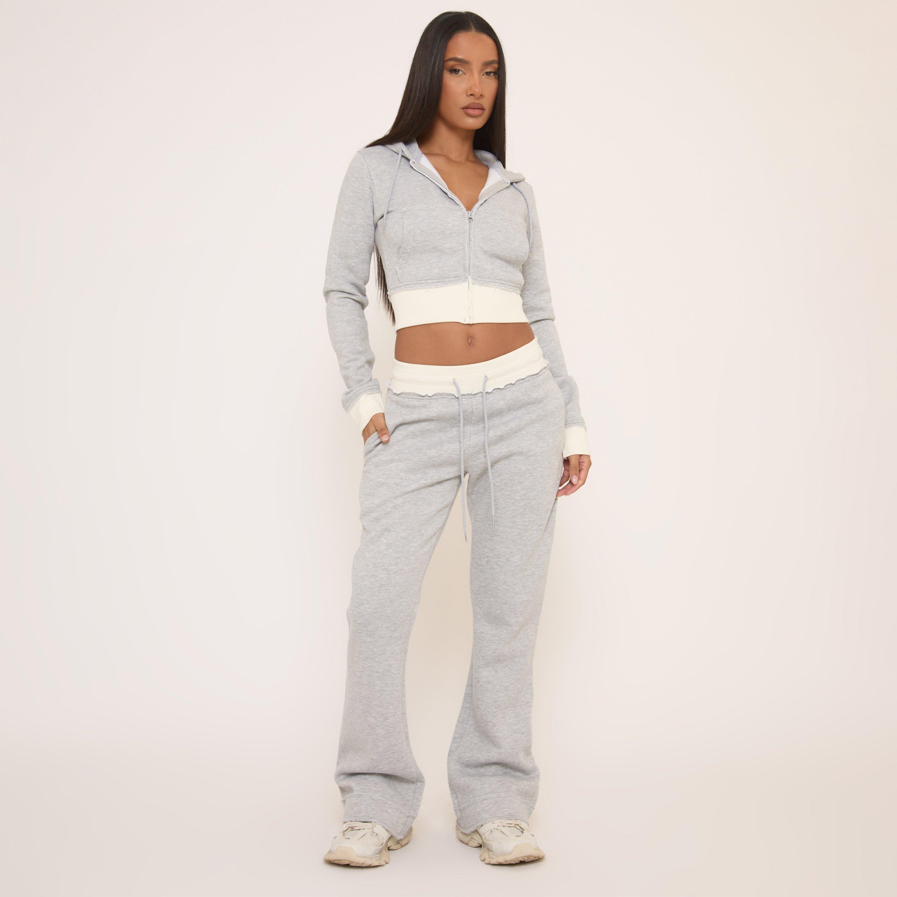 Contrast Distressed Detail Drawstring Flared Joggers In Light Grey, Women's Size UK 4