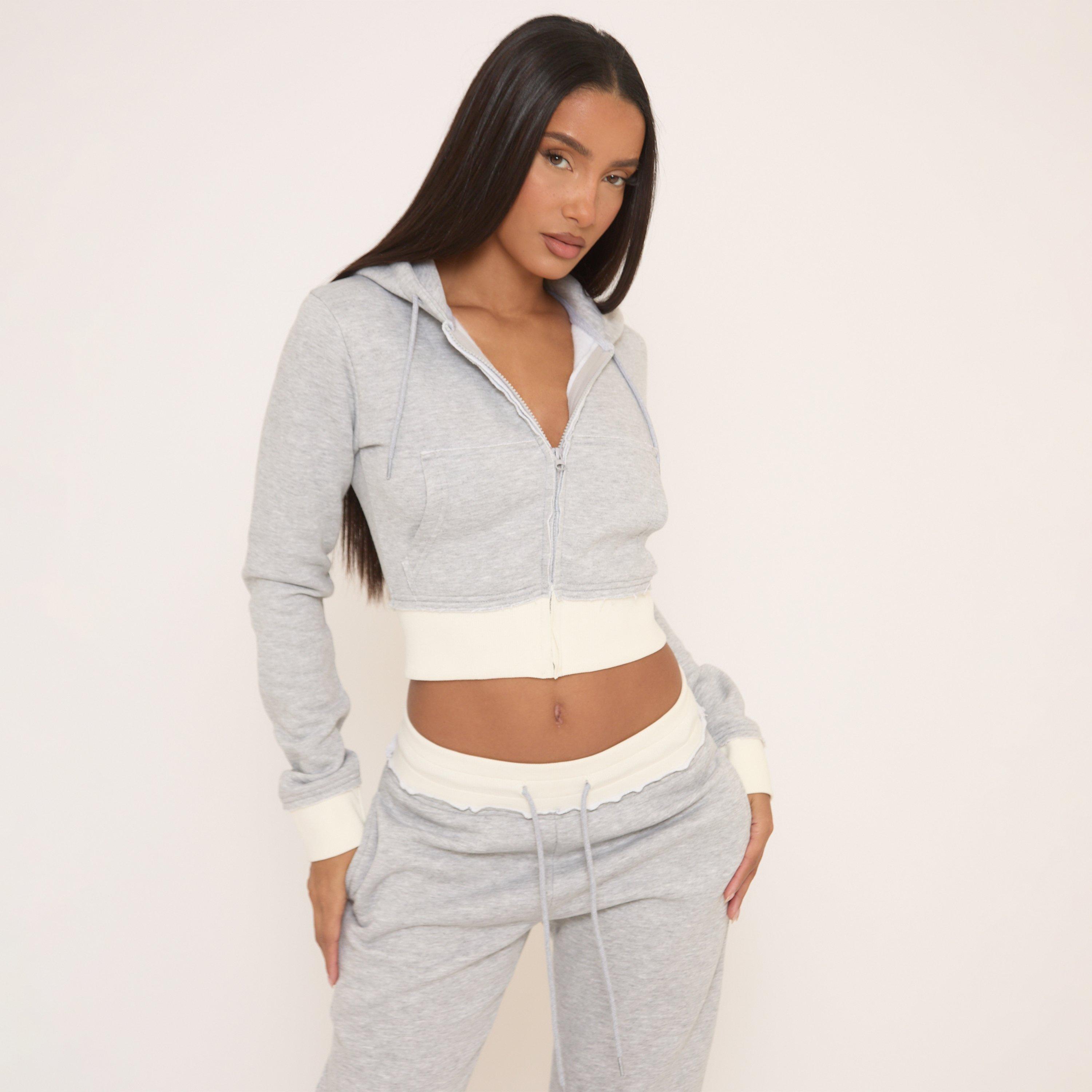 Contrast Distressed Detail Cropped Zip Up Hoodie In Light Grey, Women's Size UK 4