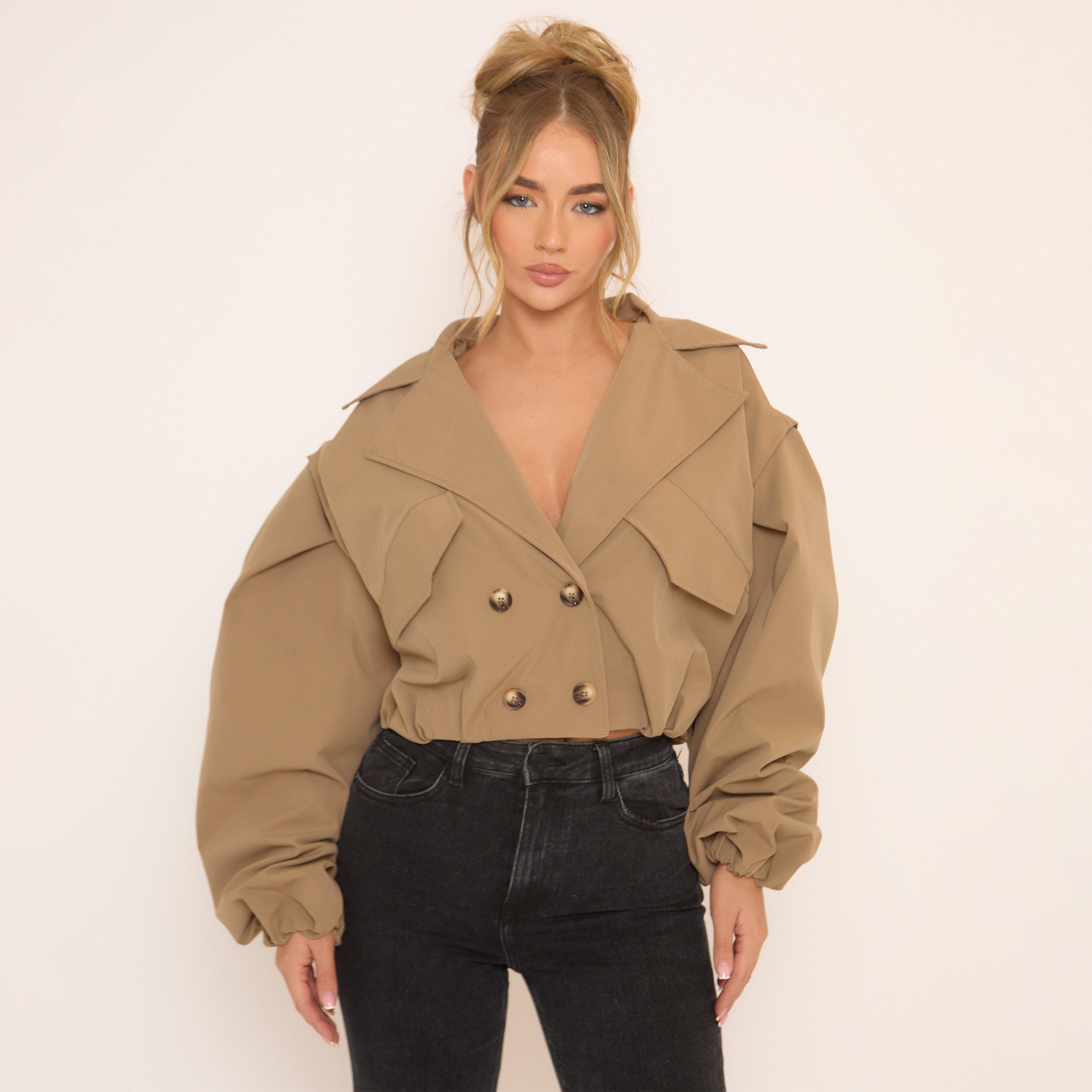 Long Sleeve Cinched Waist Cropped Trench Coat In Beige, Women’s