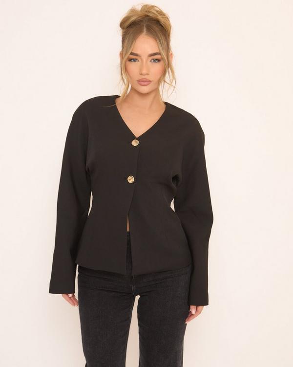 Long Sleeve Cinched Waist Button Detail Blazer In Black