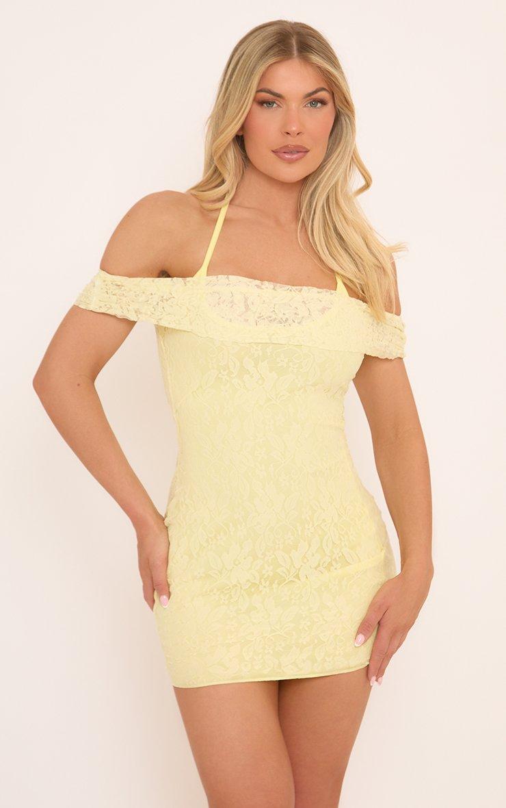 Halterneck Bardot Triangle Bust Detail Mini Dress In Yellow Floral Lace |  EGO US | EGO