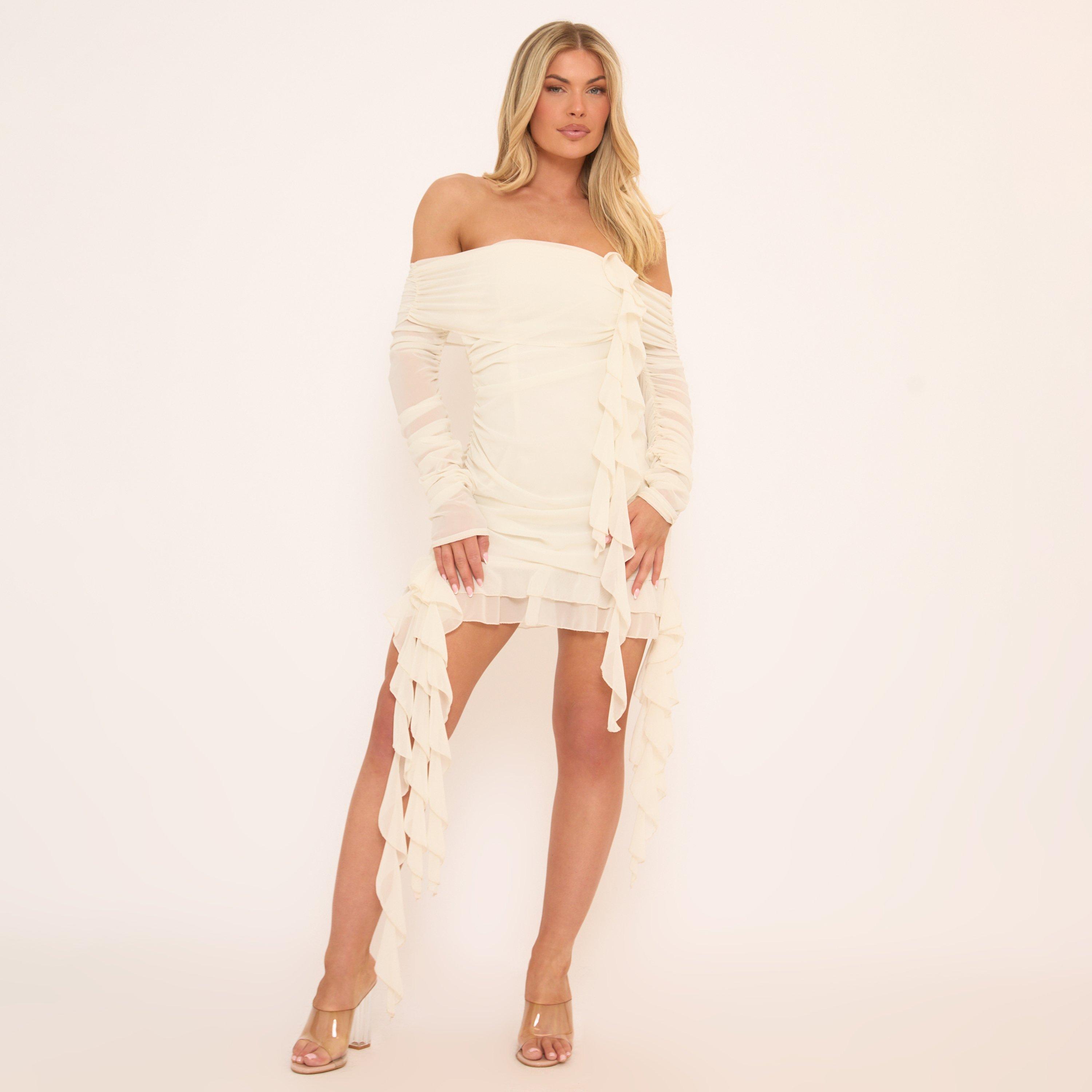 Bardot Draped Frill Detail Ruched Mini Dress In Cream, Women’s