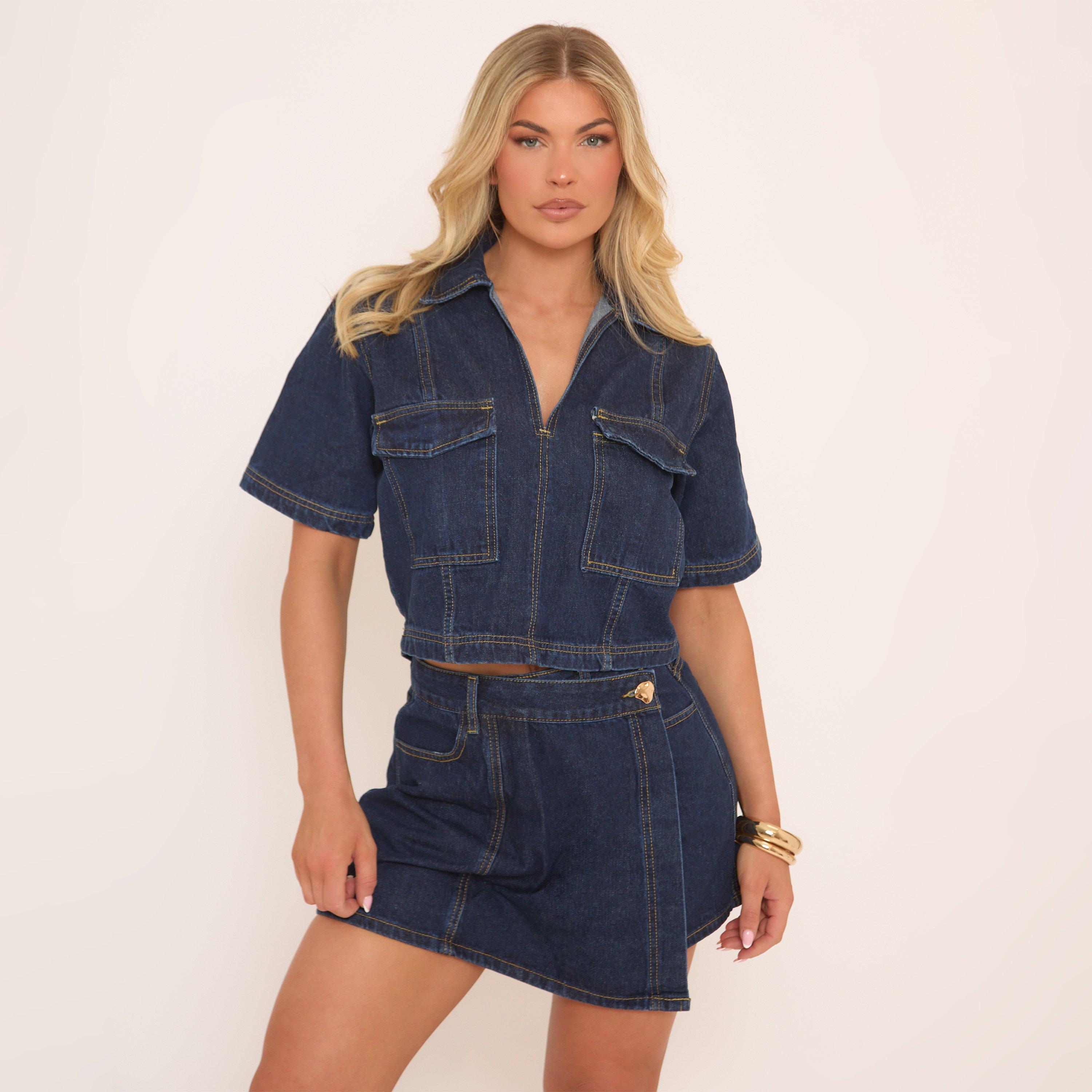 Short Sleeve Collared Pocked Detail Top In Indigo Blue Denim, Women’s/L