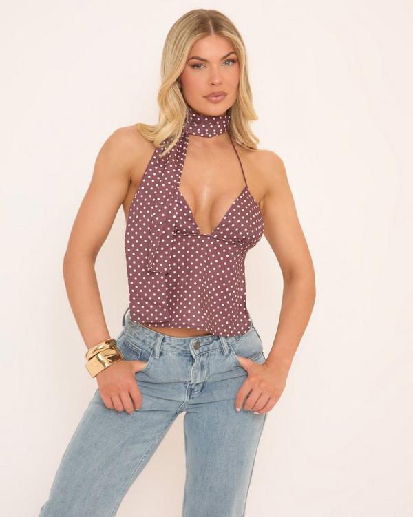 Plunge Front Scarf Neck Detail Top In Brown Polka Dot Mesh | EGO