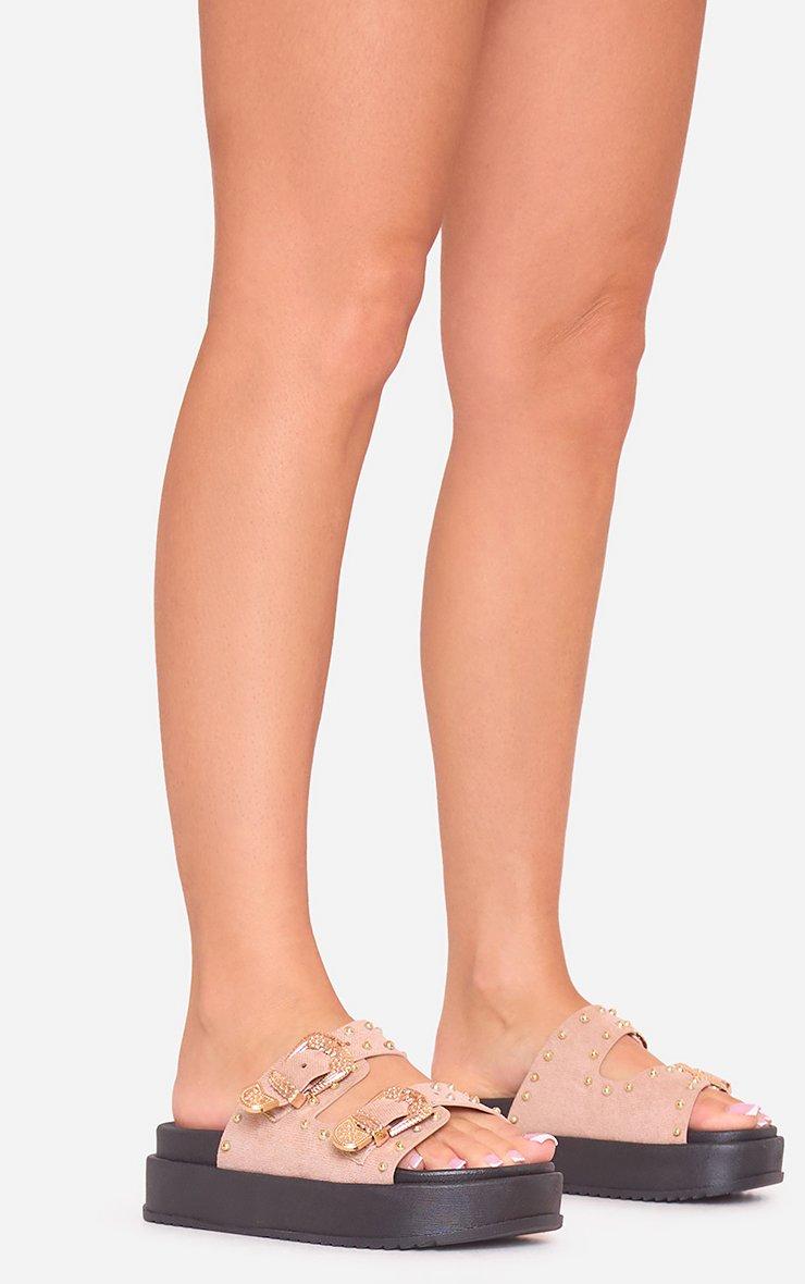 Hana Doublle Western Buckle Strap Chunky Slider In Nude Faux Suede