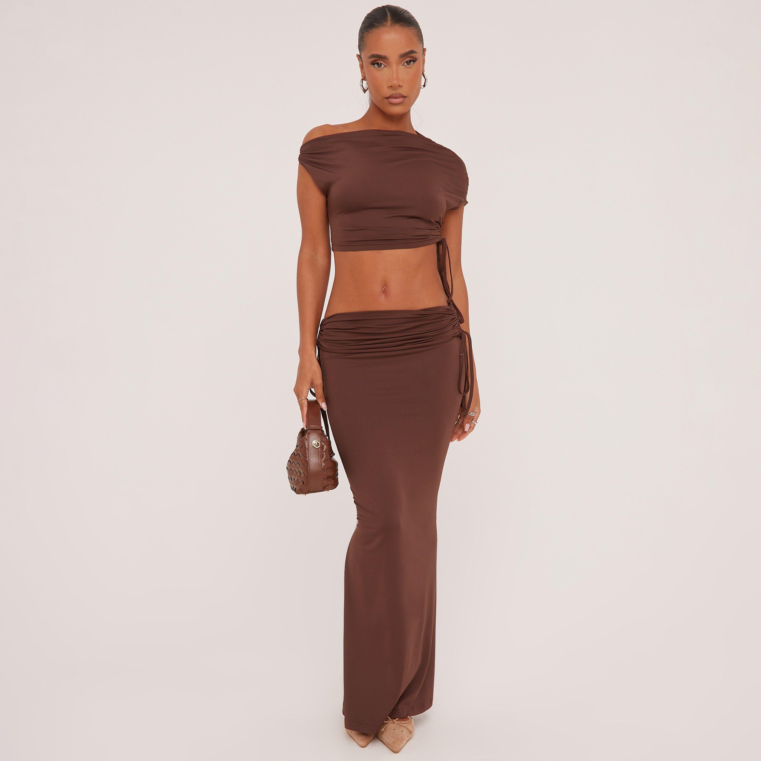 Ruched Detail Asymmetric One Shoulder Crop Top And Low Rise Maxi Skirt Co-Ord Set In Brown Slinky, Women's Size UK L