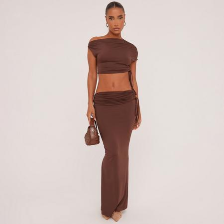 Ruched Detail Asymmetric One Shoulder Crop Top And Low Rise Maxi Skirt Co-Ord Set In Brown Slinky, Women's Size US