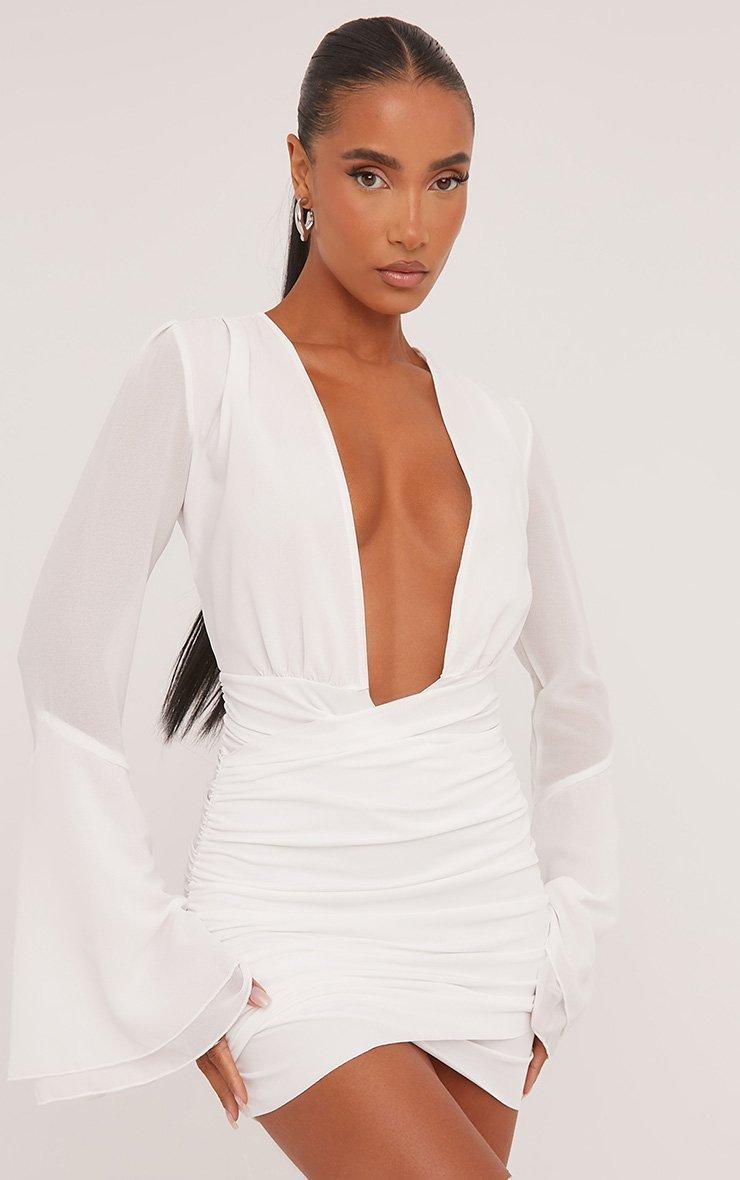 white mesh dress long sleeve Women's Cream High Neck Ruched Maxi mesh long sleeves Long Flared Sleeve Plunge Wrap
