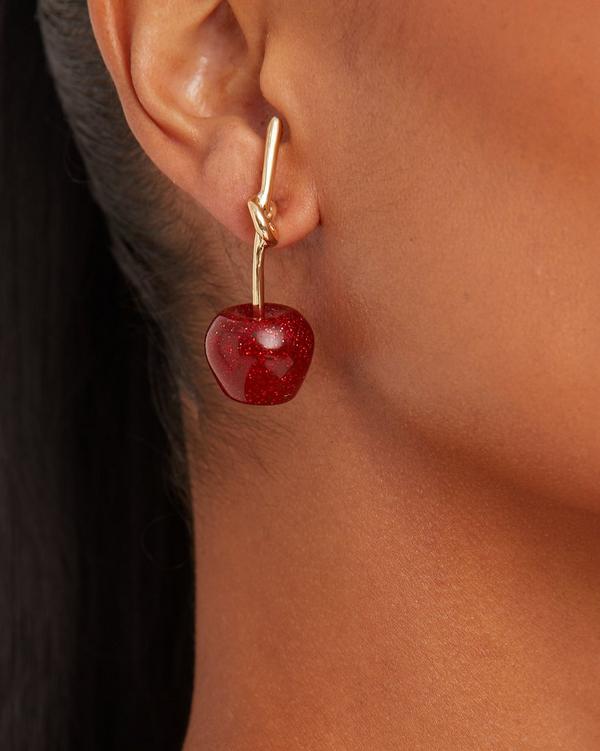 Cherry Knotted Detail Drop Earrings In Red And Gold