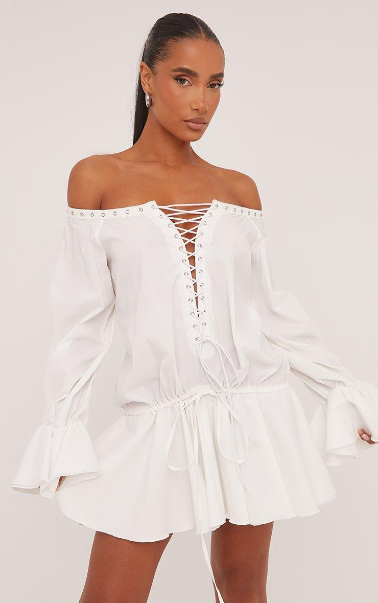 新品　LENO FRENCH SLEEVE OPEN-FRONT DRESS Off Shoulder Lace Up Front Lantern Sleeve Dress – Parthea