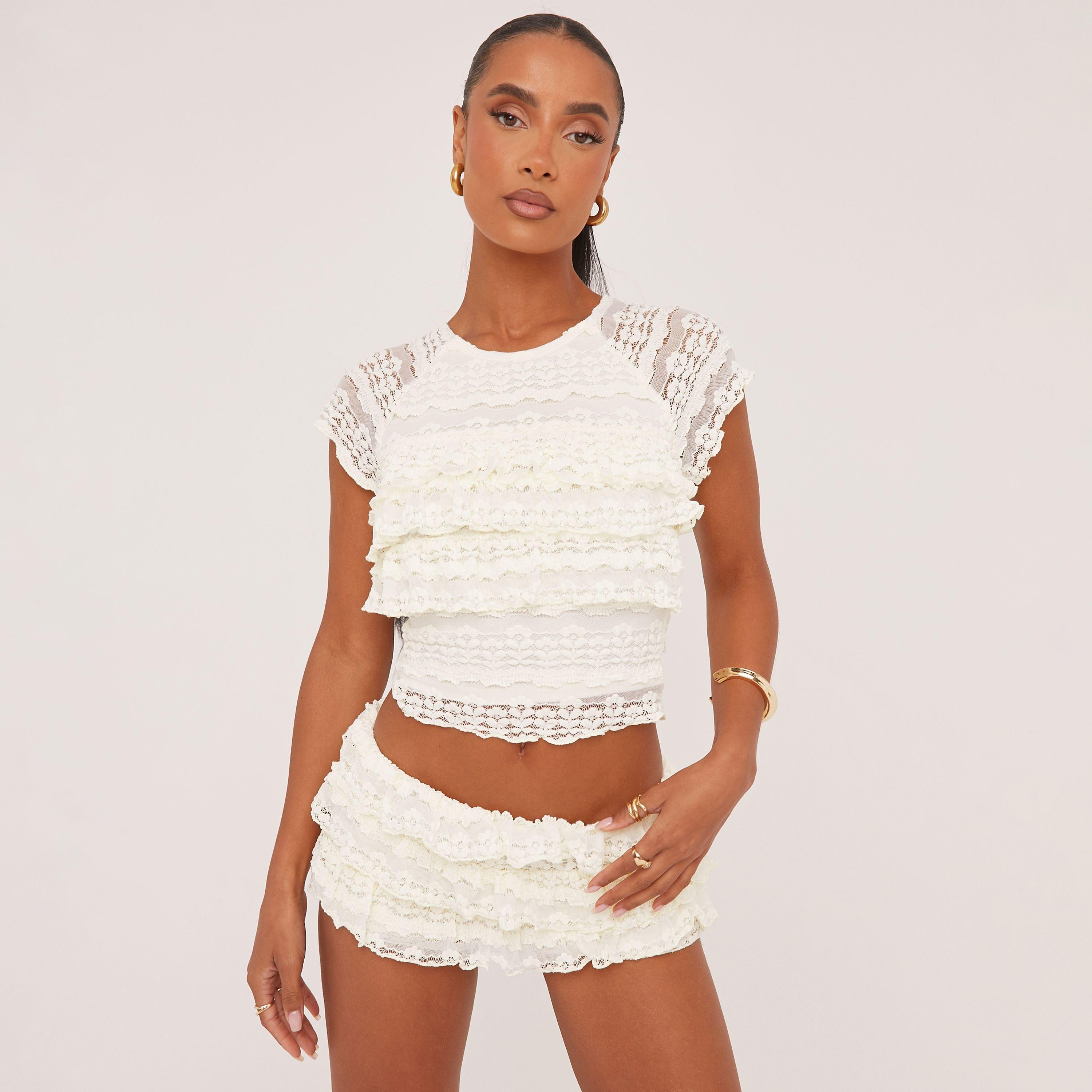 Short Sleeve All Over Frill Detail T-Shirt In Cream Texture, Women's Size UK 12