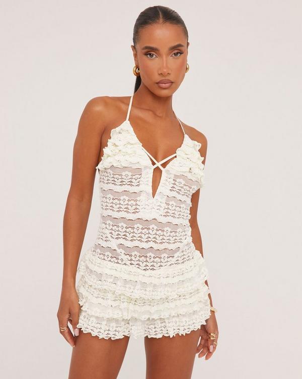 Halterneck Cross Strap All Over Frill Detail Playsuit In Cream Texture