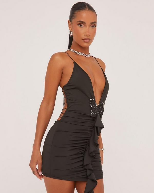 Black pleated detail frill hem bodycon dress best sale