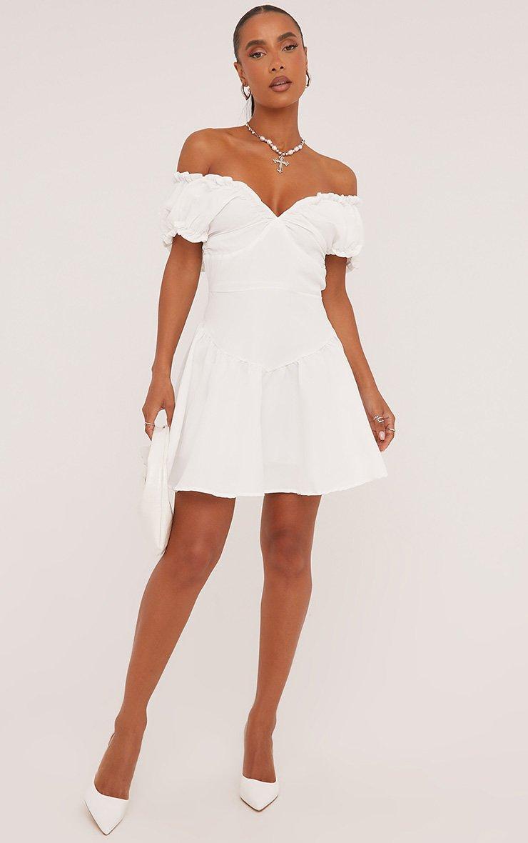 Bardot Puff Sleeve Mini Poplin Dress In White | EGO US | EGO