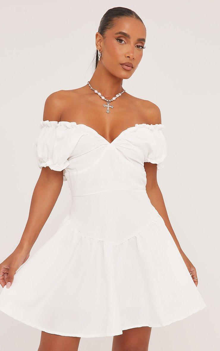 sachin and babi light blue dress Bardot Puff Sleeve Mini Poplin Dress In White | EGO US