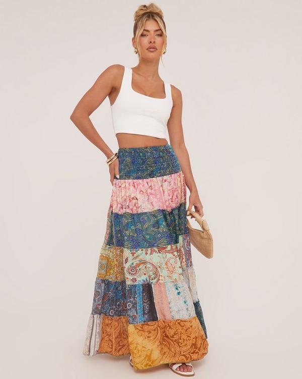 High Waist Patchwork Detail Shirred Maxi Skirt In Multi Woven