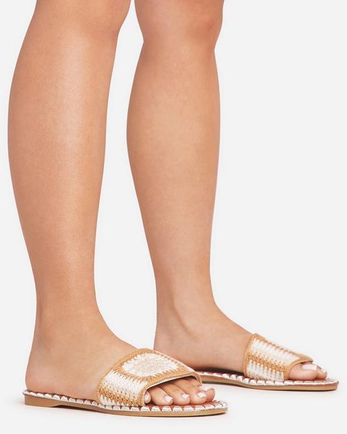 Gemma Diamante Detail Square Toe Flat Slider Sandal In Nude Faux 