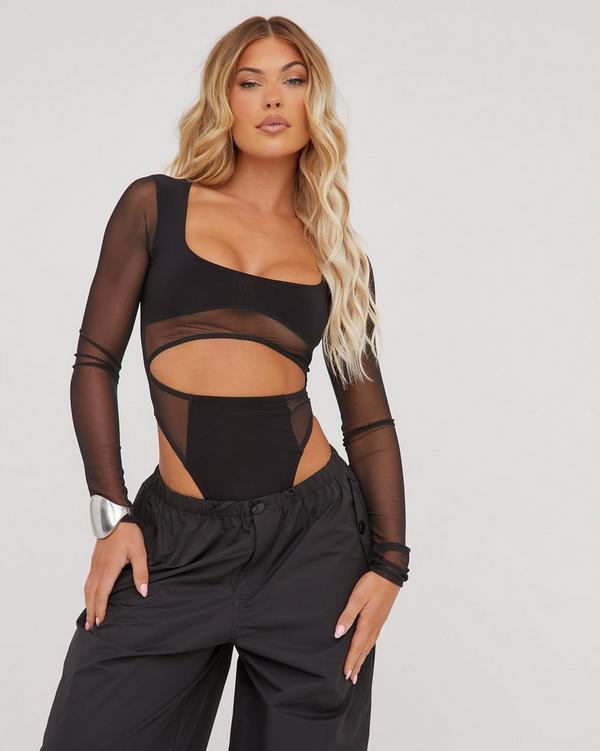 Long Sleeve Square Neck Cut Out Front Detail Mesh Contrast Bodysuit In  Black Slinky
