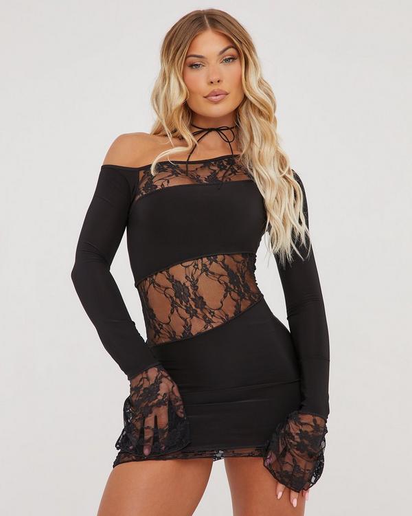 Off The Shoulder Lace Insert Detail Mini Bodycon Dress In Black