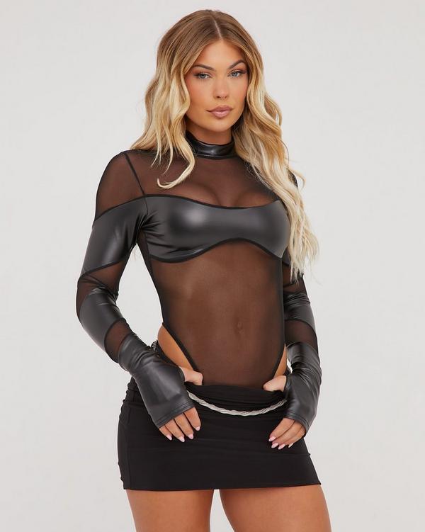 Black Sheer Long Sleeves Faux Leather Bodysuit