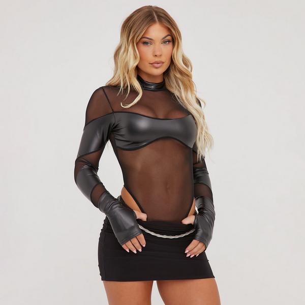 Long Sleeve Square Neck Cut Out Front Detail Mesh Contrast