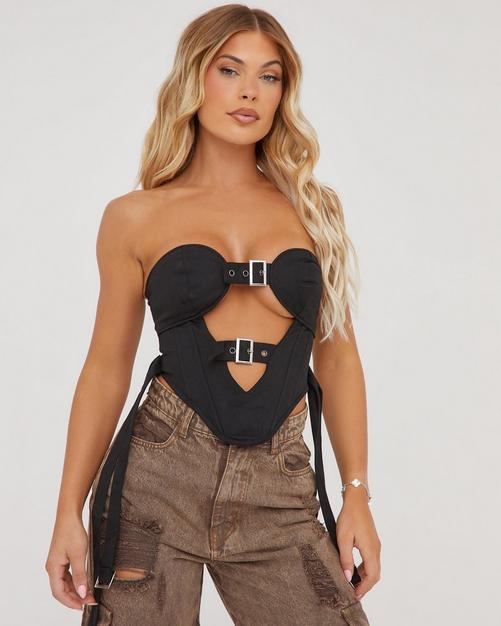 Bandeau Structured Detail Corset Top In Black Lace