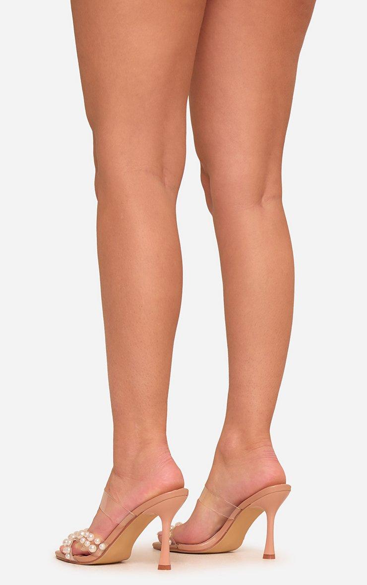 Irony Clear Perspex Beaded Strap Pointed Toe Heel Mule In Nude