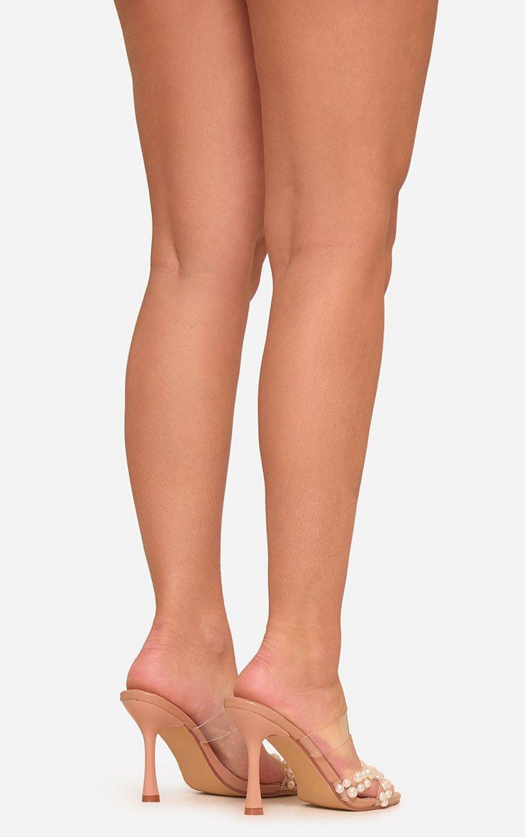 Irony Clear Perspex Beaded Strap Pointed Toe Heel Mule In Nude