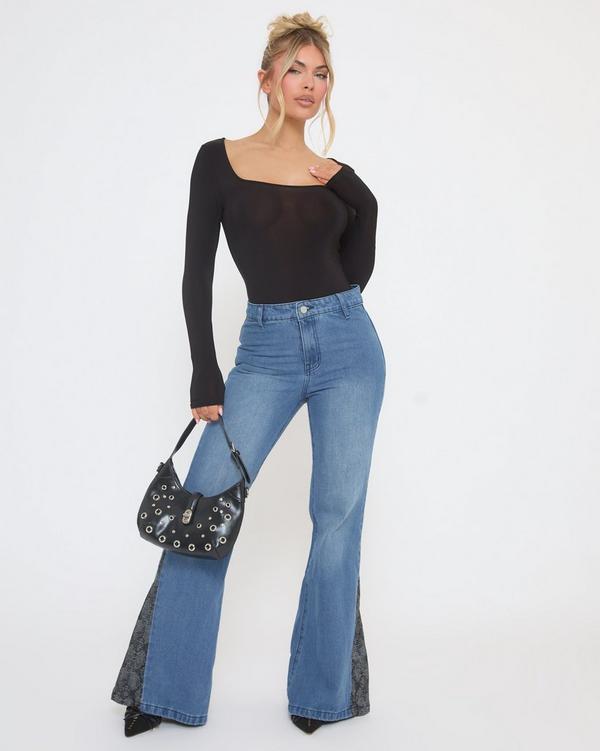 Mid Rise Snake Insert Detail Flared Jeans In Blue Denim
