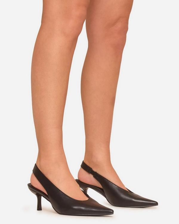Livi Pointed Toe Slingback Court Heel In Black Faux Leather