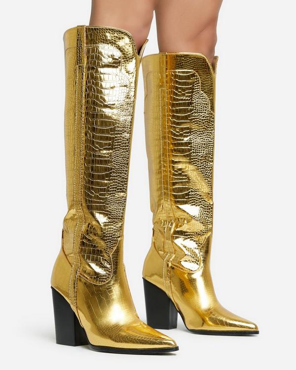 Gold knee hot sale high boots