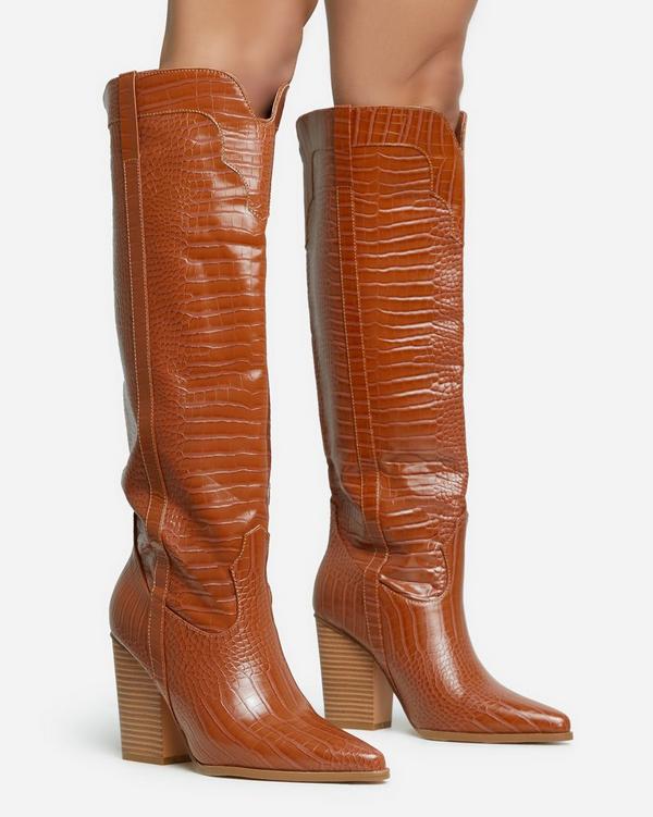 Brown croc hot sale leather boots