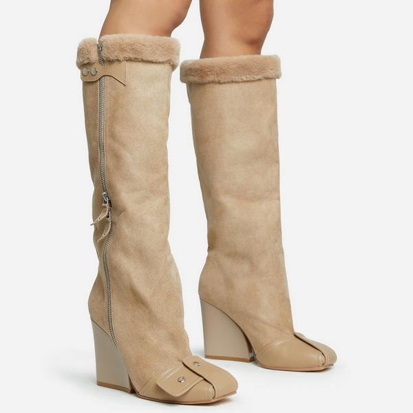 Beige tall boots with heel and square toe