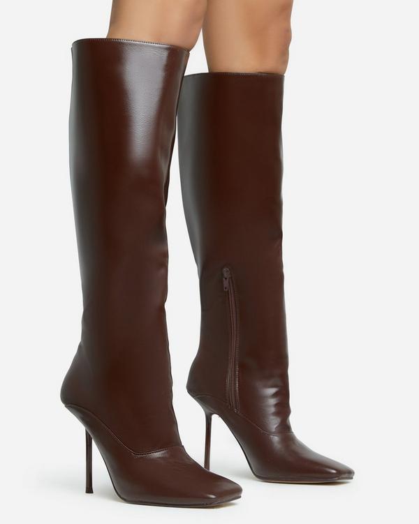 Mens brown leather knee high clearance boots