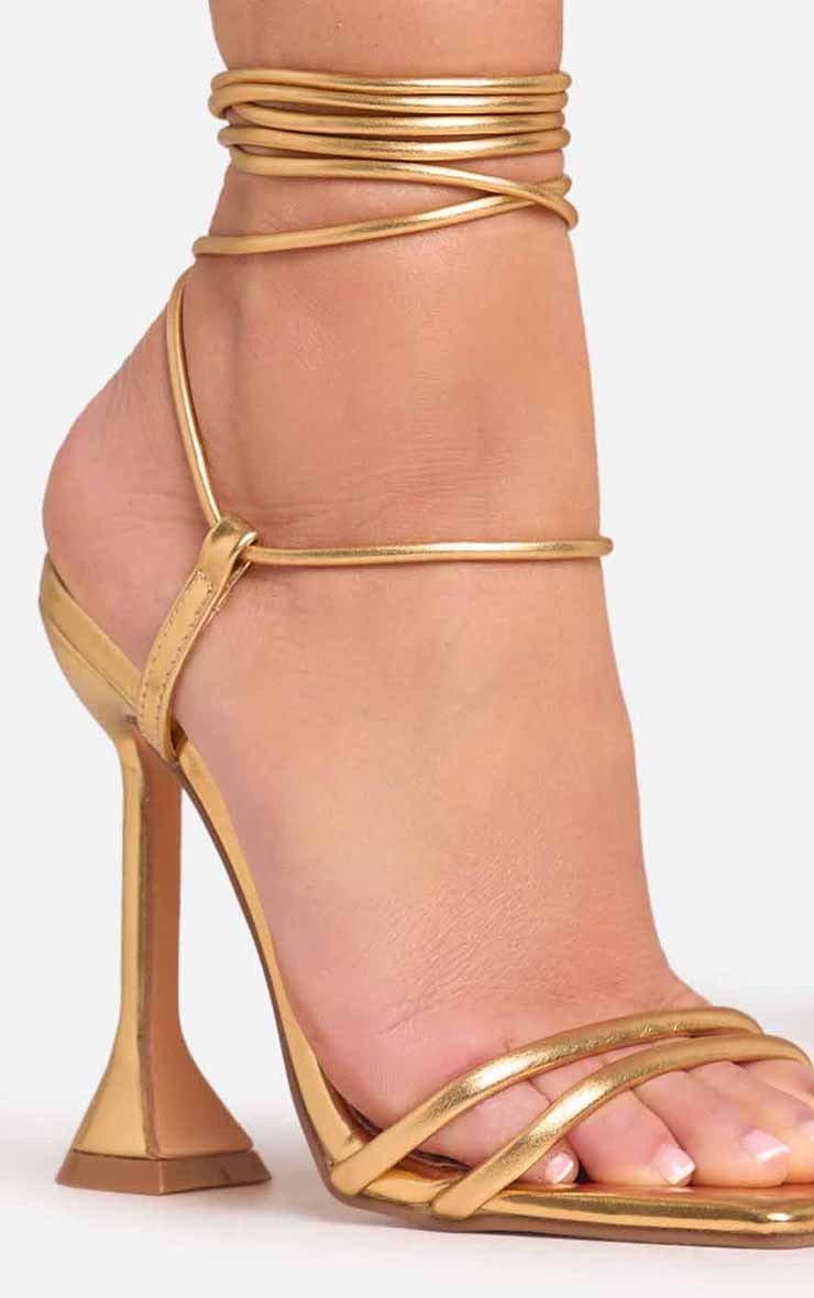 Ring-Top Strappy Lace Up Square Toe Sculptured Heel In Gold Ring-Top Strappy Lace Up Square Toe Sculptured Heel In Gold
