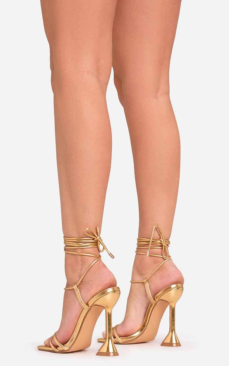 Ring-Top Strappy Lace Up Square Toe Sculptured Heel In Gold Ring-Top Strappy Lace Up Square Toe Sculptured Heel In Gold
