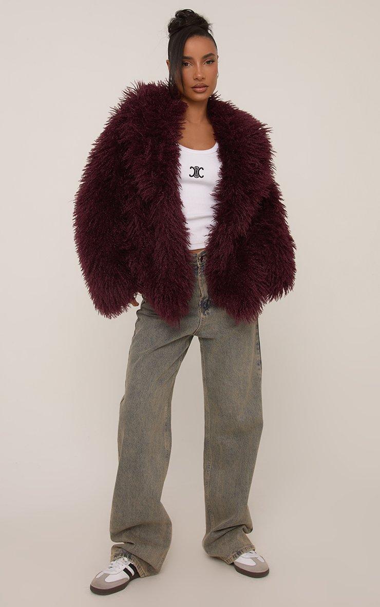 Oversized Collar Shaggy Coat In Burgundy Faux Fur | EGO Shoes Oversized Collar Shaggy Coat In Burgundy Faux Fur | EGO Shoes
