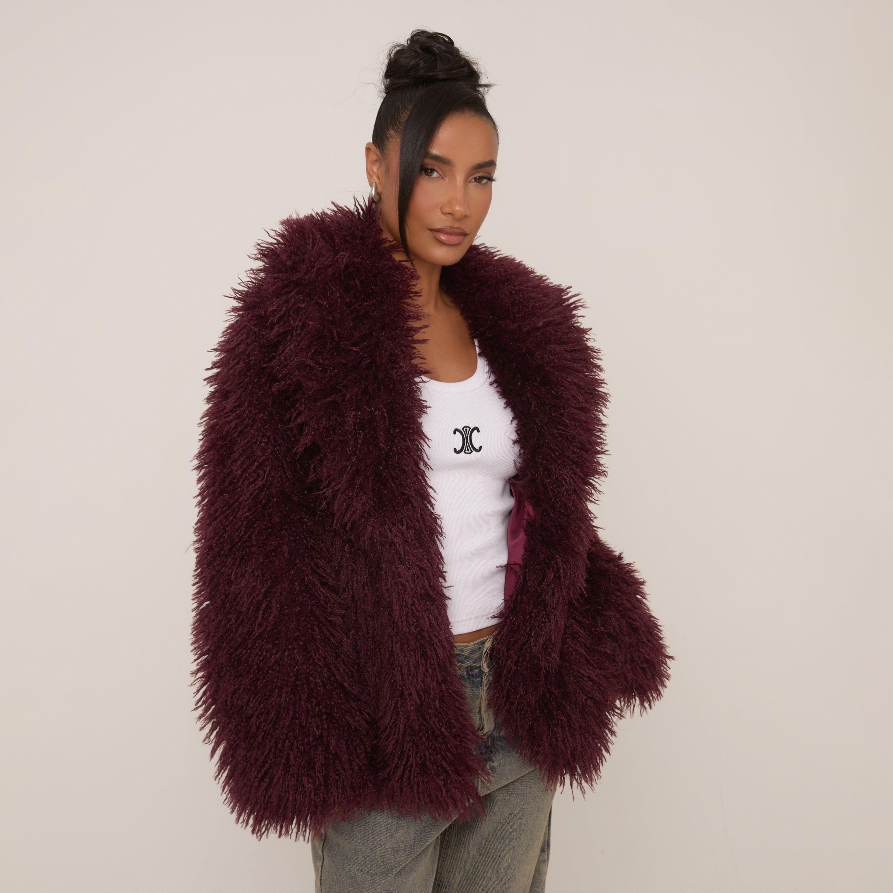 Oversized Collar Shaggy Coat In Burgundy Faux Fur. | EGO US | EGO