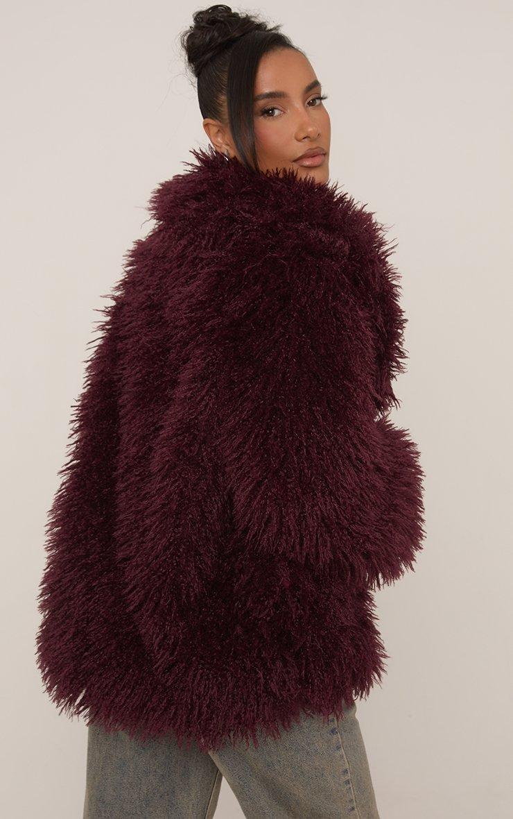 Oversized Collar Shaggy Coat In Burgundy Faux Fur. | EGO US | EGO