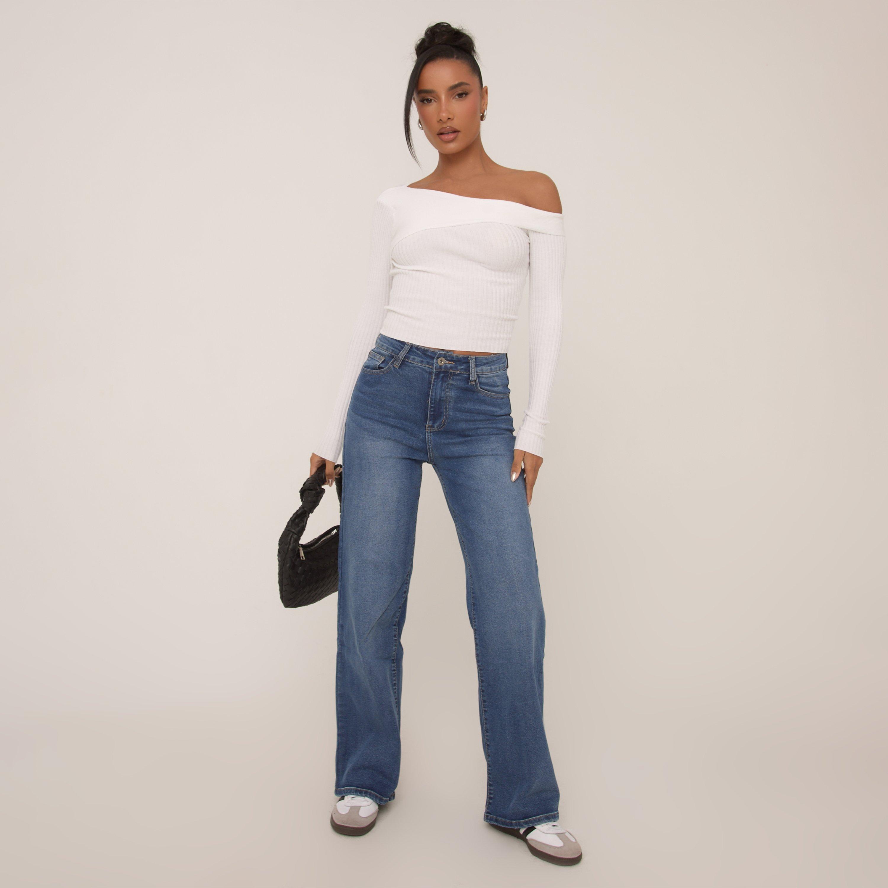 High Waist Wide Leg Stretchy Jeans In Blue Denim, Women's Size UK 8