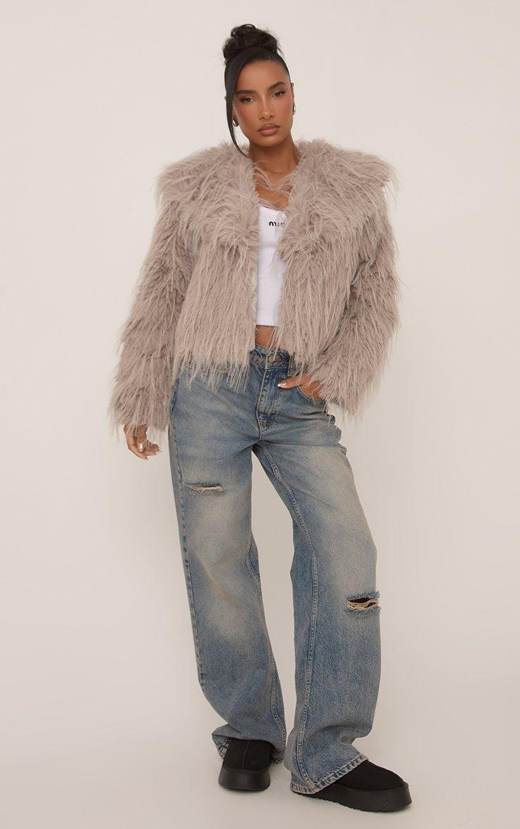 Collared Cropped Jacket In Grey Shaggy Faux Fur | EGO CA | EGO