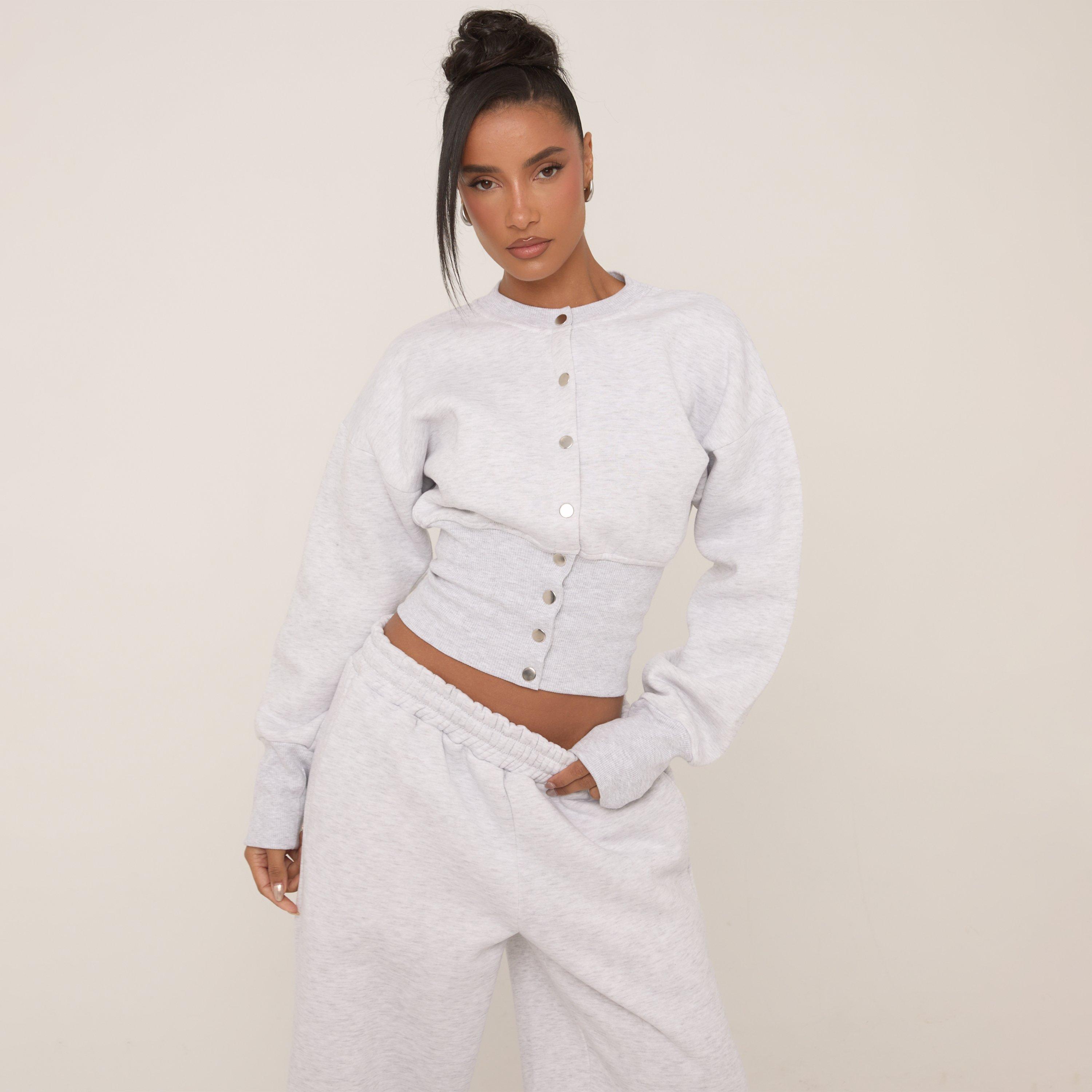 Image of Long Sleeve Popper Detail Cinched Waist Sweatshirt In Grey, Women's