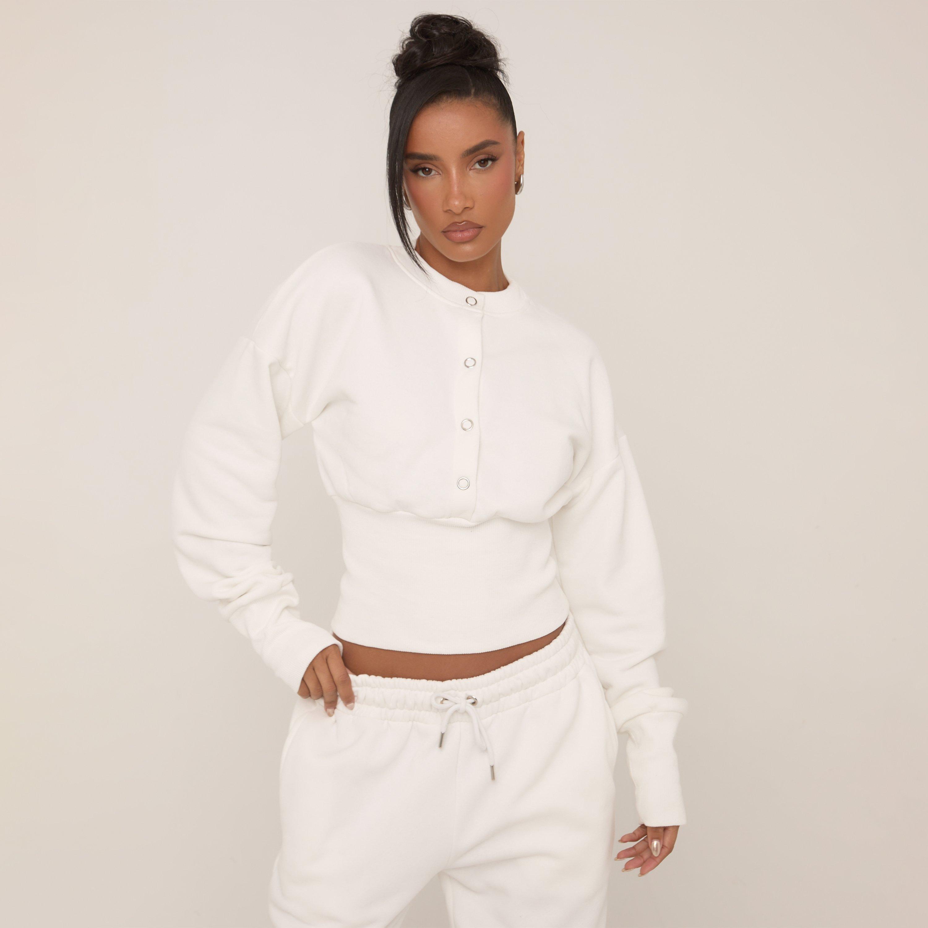 Image of Long Sleeve Popper Detail Cinched Waist Sweatshirt In Cream, Women's